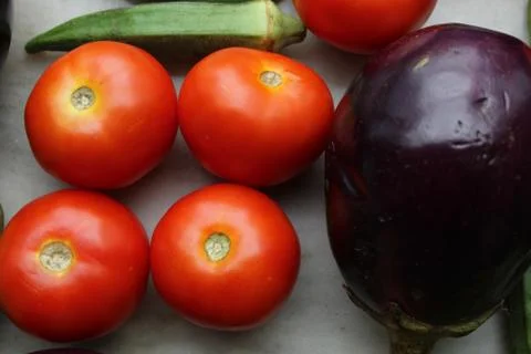 Red tomatoes display with multiple vegetables for health and diet background. Stock Photos