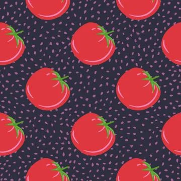 Red tomatoes on dots background. Doodle tomato seamless pattern. Organic heal 스톡 일러스트