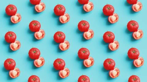 Red tomatoes pattern on a light blue background, flat lay. Top view. 3d Stock Illustration
