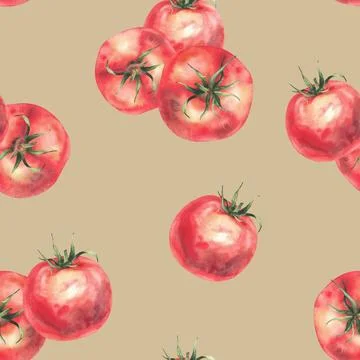 Red tomatoes vegetables seamless pattern. Realistic watercolor hand drawn plant Stock Illustration