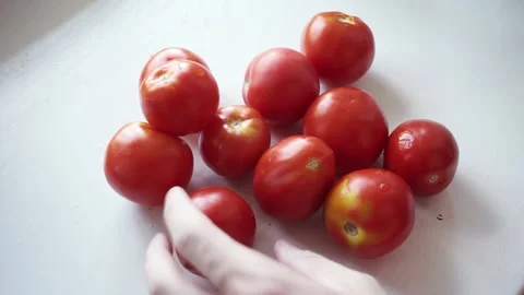Red tomatoes on a white surface Stock Footage 206754626