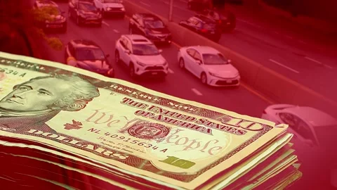 Red-toned double exposure concept of US dollar banknotes stack over heavy city Stock Footage 346493570
