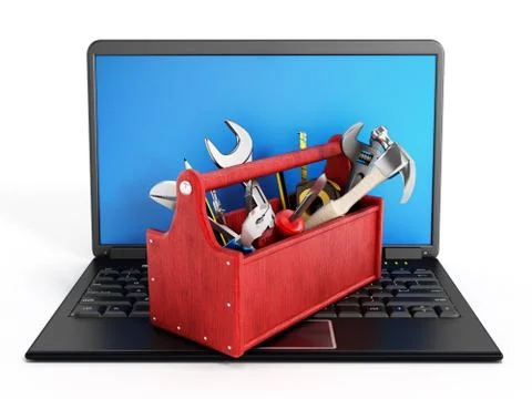 Red toolbox standing on laptop computer Stock Illustration