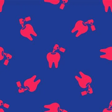 Red Tooth with caries and tooth drill icon isolated seamless pattern on blue Illustrazione stock