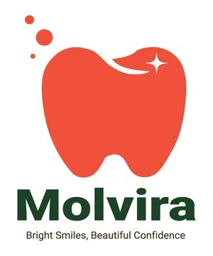 Red tooth with a sparkling star accent and the text molvira, bright smiles. Stock Illustration