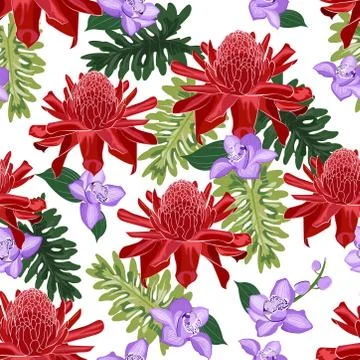 Red torch ginger seamless pattern with purple orchid on white background イラスト素材