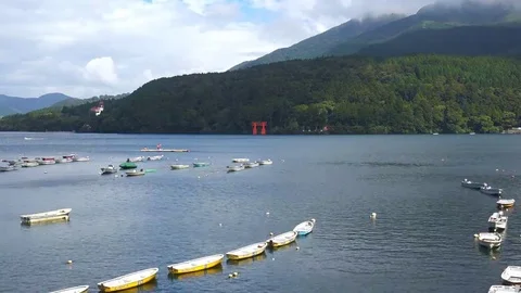 Red Torii Gate of Hakone Shrine on Hakone lake Stock Footage 69149749