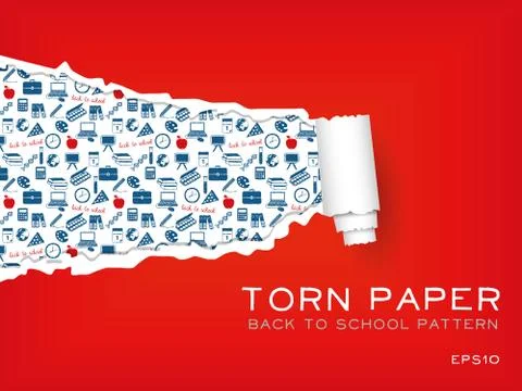 Red torn paper with school pattern Stock Illustration