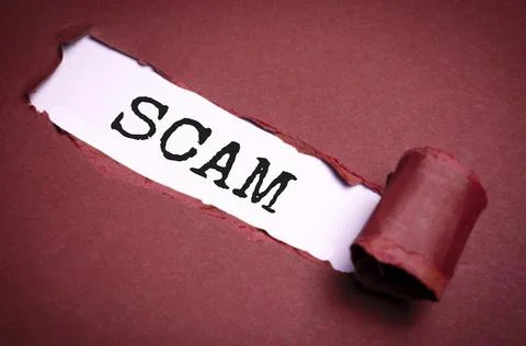 Red torn paper with a text of Scam on white cardboard Stock Photos
