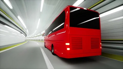 Red tourist bus in a tunnel. fast driving. tourism concept. 3d animation Stock Footage 70078853
