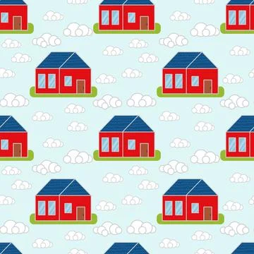 Red town houses. Seamless pattern. With blue roof Illustrazione stock