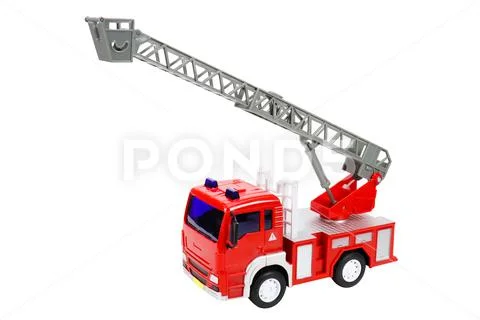 Red toy fire truck with ladder, on white background, isolated image