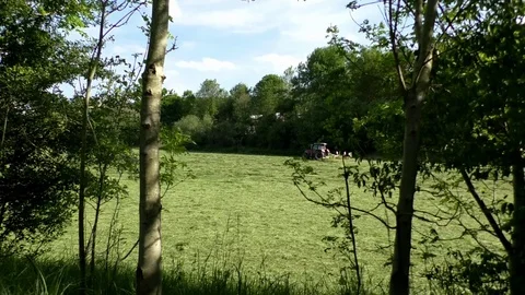 Red tractor circulating hay, fresh cut grass, farming, agriculture, rural region Video stock 76794758