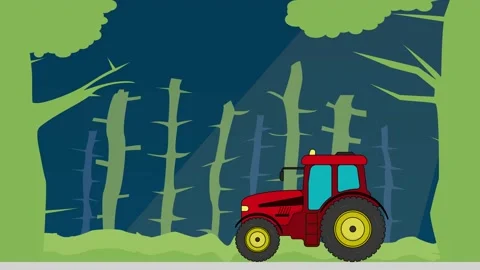 Red tractor drives past a forest animation motion graphics Stock Footage 173476100