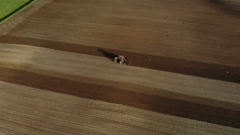 Red tractor with dual wheels doing the processing brown soil with a disc Stock Footage 115319756