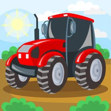 Red tractor on field during cultivation work - vector image Illustrazione stock