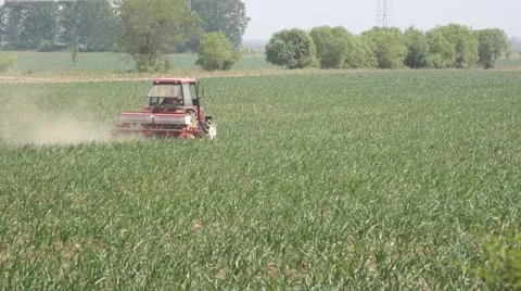Red tractor moving along a green field (long shot) Stock Footage 51372010