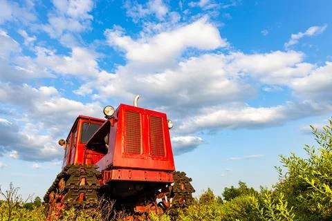Red tractor of the old model stands in the field. Stock Photos