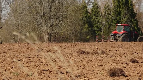 Red tractor plowing a rough farm field while white storks forage in the soil Stock Footage 334943819