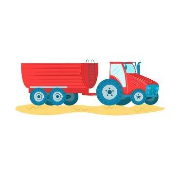 Red tractor pulling trailer field. Cartoon style farm vehicle large trailer Stock Illustration