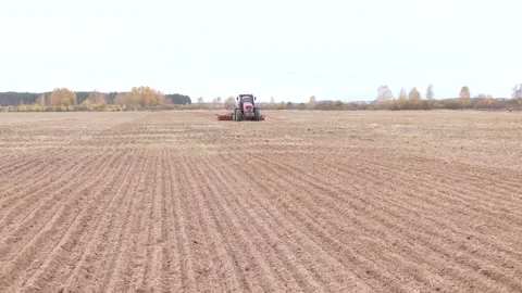 A red tractor sows grain with a seeder in the field. Video stock 231742627