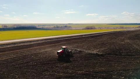 The red tractor works in the field in the spring Fotos Stock