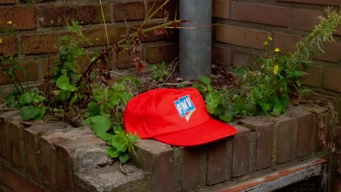 Red trade union cap resting on brick ledge among green foliage in Oosterbeek Stock Footage 346006546