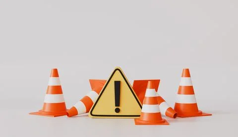 Red traffic cones with triangle warning symbol icon Stock Illustration