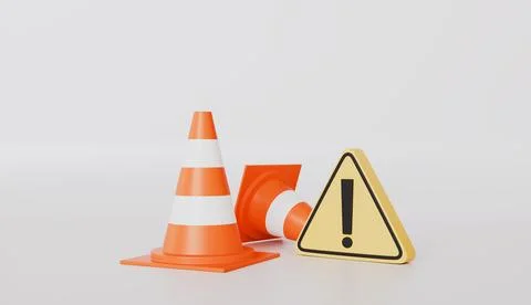 Red traffic cones with triangle warning symbol icon Stock Illustration