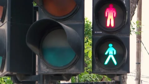 The red Traffic Light Changes to Green, Allowing Pedestrians to Cross. Stock Footage 130494020
