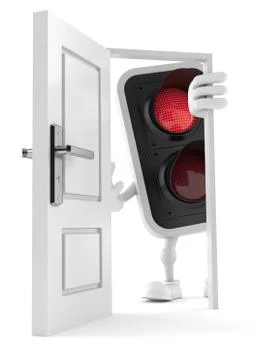 Red traffic light character standing close to open door Illustration