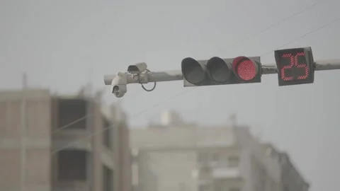 Red Traffic Light Countdown to Green on Urban Street, Cairo, Egypt Stock Footage 310259176