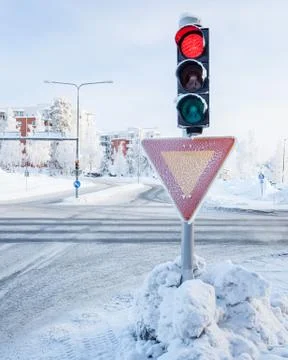 Red traffic light at winter Stock Photos