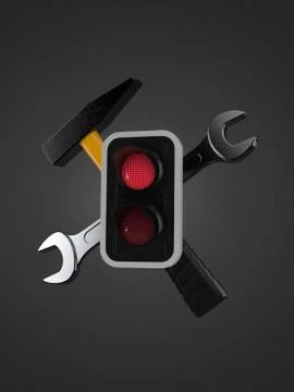 Red traffic light with work tools Stock Illustration