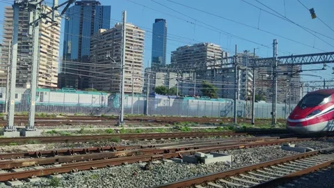 The Red Train Arrives at the Naples Railway Station. Modern Train. Stock Footage 227339435
