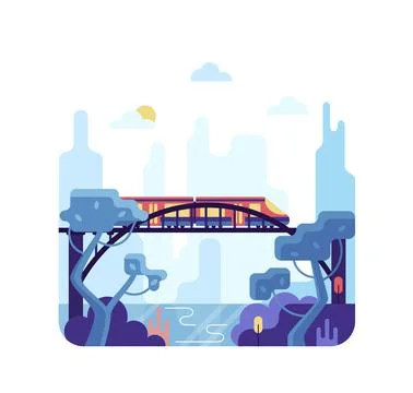 Red train on the bridge - square vector cartoon illustration in flat stile Illustrazione stock