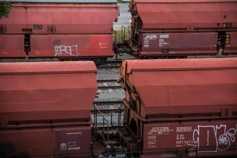 Red train container on railroad Stock Photos