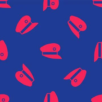 Red Train driver hat icon isolated seamless pattern on blue background.  Vect Stock Illustration