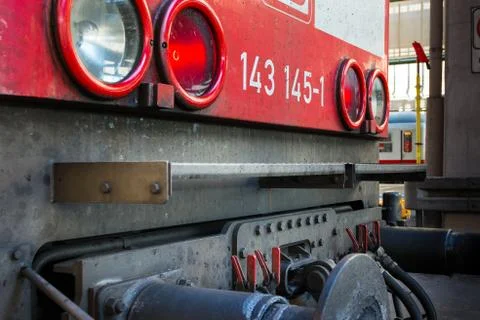 Red Train Headlights Front Mechanical Transportation Machine Locomotive Wag.. Stock Photos