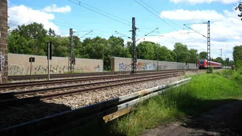 Red train on the lines Stock Footage 198010514