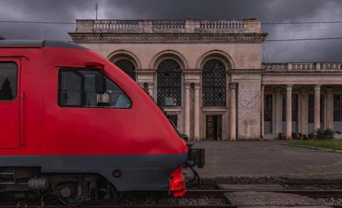 Red Train at an Old Station Stock Photos