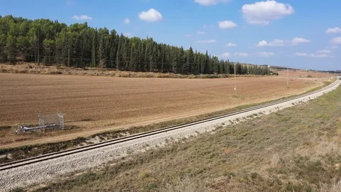 Red train in open field Stock Footage 119287868