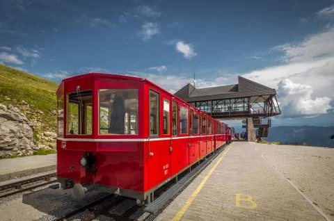 Red train in the station Stock Photos