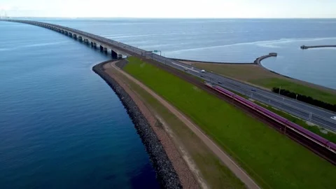 Red train on storebaeltsbridge Video stock 195689389