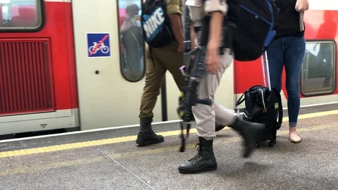 Red train at Tel-Aviv Central train station, Israel Stock-Footage 104882491
