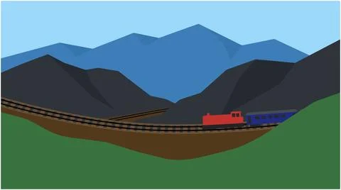 Red train on tracks traveling through a scenic mountain valley with mountain Stock Illustration