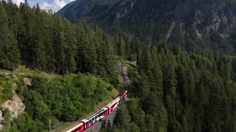 Red train traveling through a dense mountain forest landscape Stock Footage 318278486