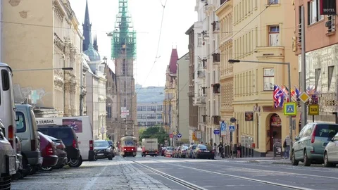 Red tram driving through the street of Prague city. Stock Footage 77199561