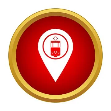 Red tram location pin on round gold button Stock Illustration