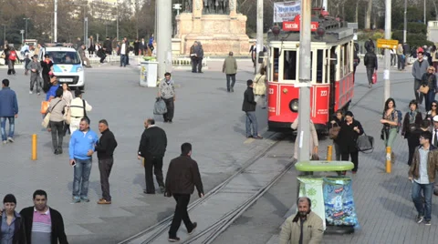 Red tram on Taksim square Stock Footage 33444122
